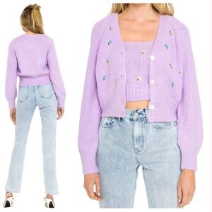 ENGLISH FACTORY Lavender Embroidered Floral Cardigan Faux Shell Buttons So Soft